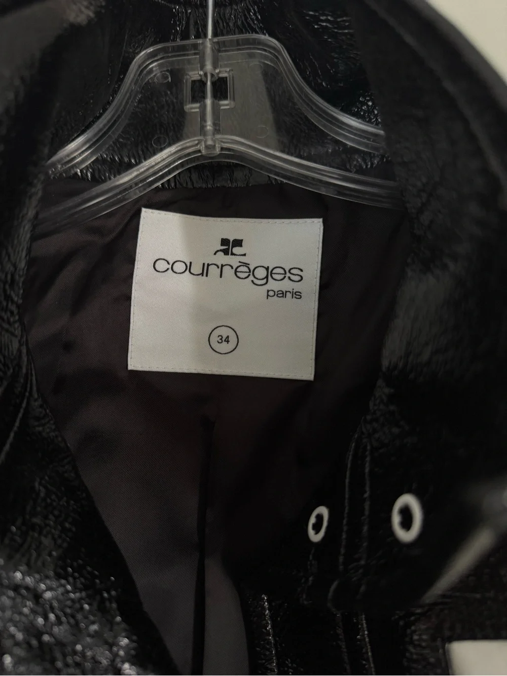 Courreges Black Cropped Reedition Vinyl Jacket with White Logo Detail Size 34